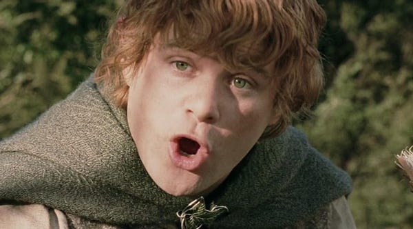 samwise in lord of the rings mid-saying po tay toes