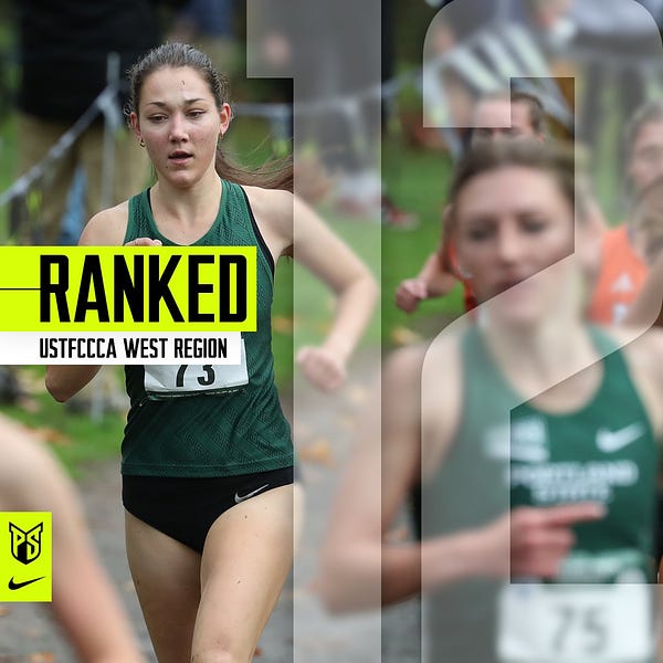 Graphic saying "ranked, USTFCCCA West Region, 12th" in honor of The Portland State women's cross country team being ranked 12th in west region in the coaches poll.