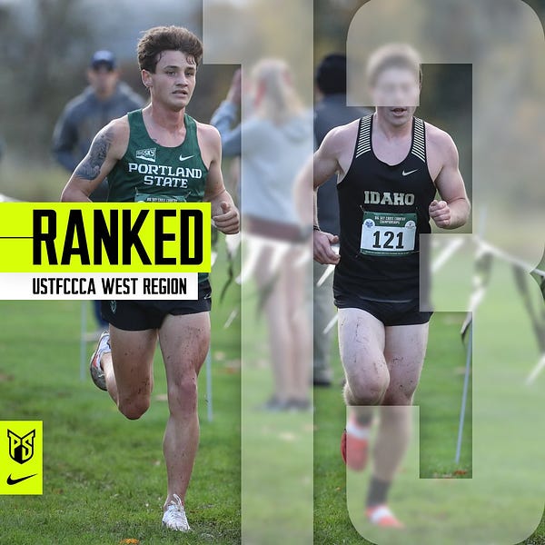 Graphic saying "ranked, USTFCCCA West Region, 13th" in honor of The Portland State men's cross country team being ranked 13th in the west region in the coaches poll.