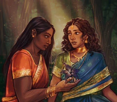 Close up of the illustration; two Indian women sitting together in the forest, one (Priya) with straight black hair in a red-orange sari and darker skin, holding the end of the others' necklace, which has a big dark flower coming out of it. The other woman (Malini) has lighter skin, a green and blue sari, curly hair, and more elaborate jewelery, and is looking at Priya. Priya is looking at the flower.