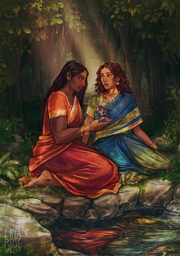 The full illustration. Priya and Malini are in the centre, kneeling at the edge of a rock pool in the forest. There are plants and moss around them, and a ray of light coming down onto them. Their bright saris are reflected on the dark surface of the water.