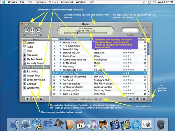 Screenshot of iTunes circa MacOS X 10.1, with my notes added calling out various UI elements that were good, and which no longer seem to be used in modern UIs.