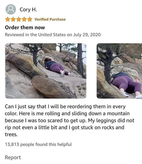 funny review of leggings that stayed together while a woman was rolling down a mountain