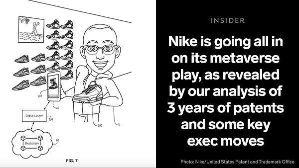 Image shows an illustration of Nike’s "cryptokicks" patent. The headline text overlaid reads: “Nike is going all in on its metaverse play, as revealed by our analysis of 3 years of patents and some key exec moves”