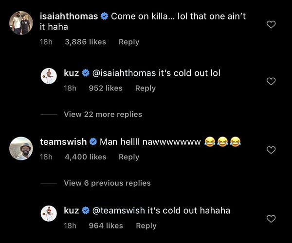 Isaiah Thomas and JR Smith roasting Kuzma and his gigantic sweater in the Instagram comments