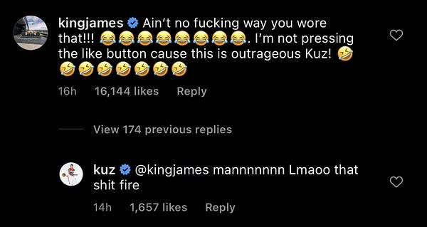 LeBron refusing to hit the like button on Kuz's sweater photo