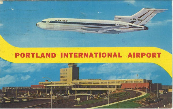A postcard postmarked in 1971 showing PDX, with a United Boeing 727 flying over it. A garish yellow banner reads PORTLAND INTERNATIONAL AIRPORT. 