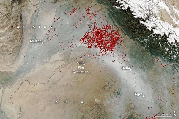 This is an image of smoke and fires over India. 