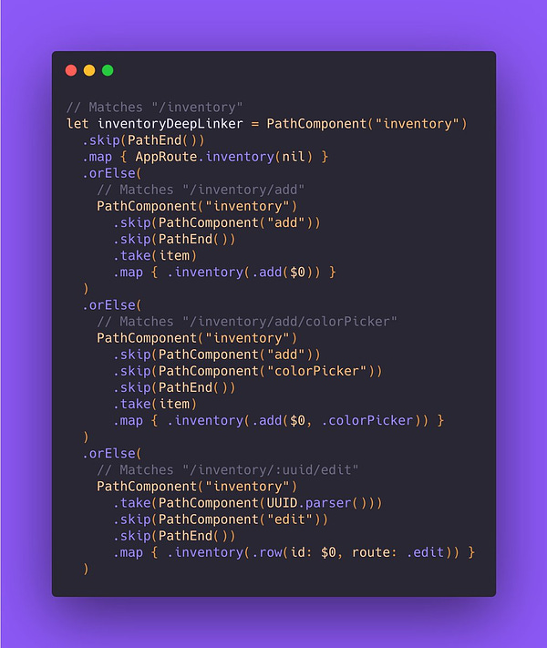 A code snippet showing a URL router we build in the episode using the swift-parsing library.