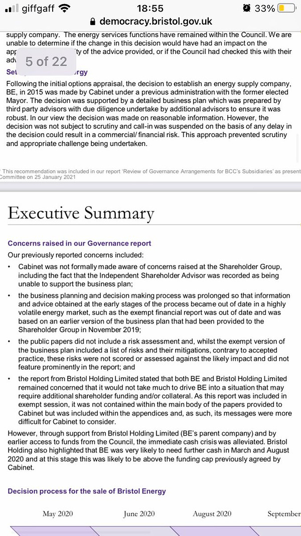 Screenshot from the auditors report: “Cabinet was not formally made aware of concerns raised at the Shareholder Group, including the fact that the Independent Shareholder Advisor was recorded as being unable to support the business plan”