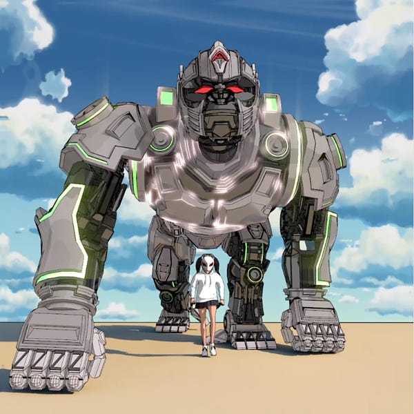 Image is of “Apes Together Strong” by PplPleasr, a digitally painted scene with a large robot ape marching behind a girl with pigtails in a mask. Proceeds from the sale of this piece were donated to autism-advocacy orgs.