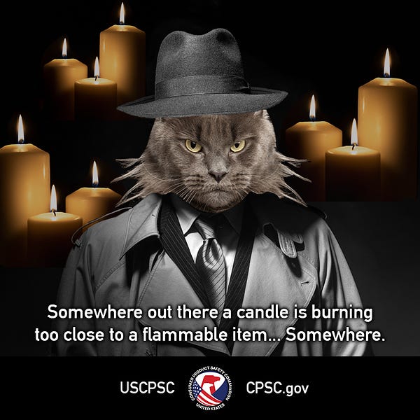 A cat dressed as a detective surrounded by haunting candles. The text reads: Somewhere out there a candle is burning too close to a flammable item... Somewhere.