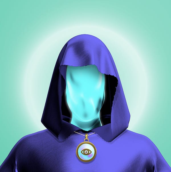 An illustration of a teal colored ethereal being in a blue colored robe with a cold pendant necklace with an eye icon around its neck.