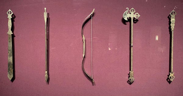 Sword, arrow, bow, axe, and skull club
Tibet,
19th century