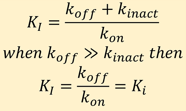 KI = (k_off+k_inact)/k_on; when k_off >> k_inact, KI = k_off/k_on = Ki