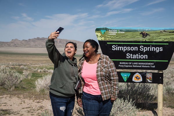 Two women take a selfie at the Pony Express Station House at Simpson Springs.