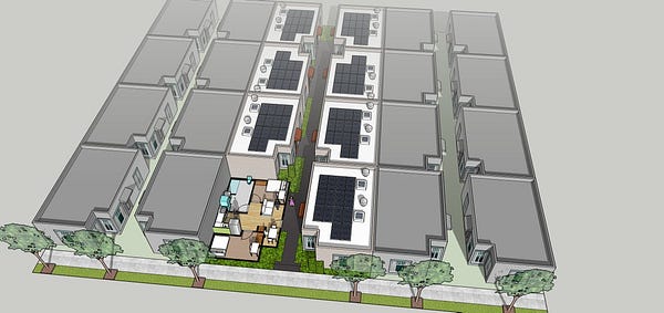 3D view of a 8-unit bungalow court between 2 other bungalow courts. The front unit is a cutaway view