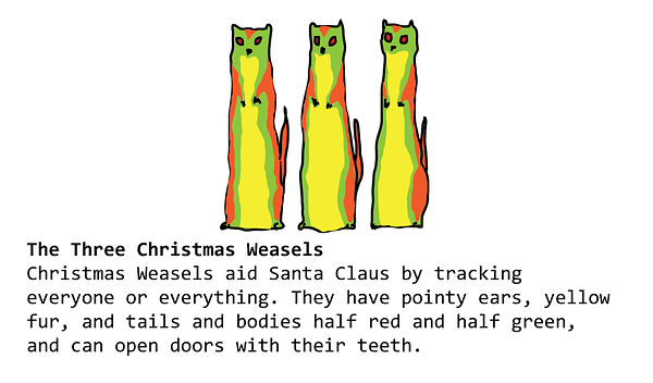 The Three Christmas Weasels
Christmas Weasels aid Santa Claus by tracking everyone or everything. They have pointy ears, yellow fur, and tails and bodies half red and half green, and can open doors with their teeth. 