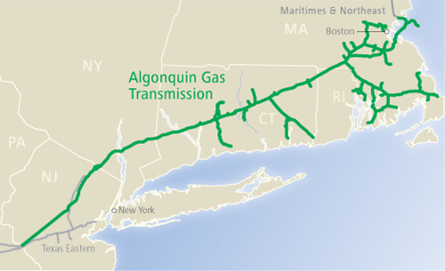 Map of Algonquin Gas Transmission pipeline path, showing the pipeline crossing northern New Jersey, southern New York, Connecticut, northern Rhode Island, and southern Massachusetts.