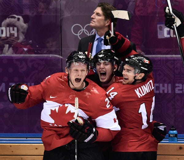 Team Canada celebrates their 1-0 win over the USA at Sochi 2014 