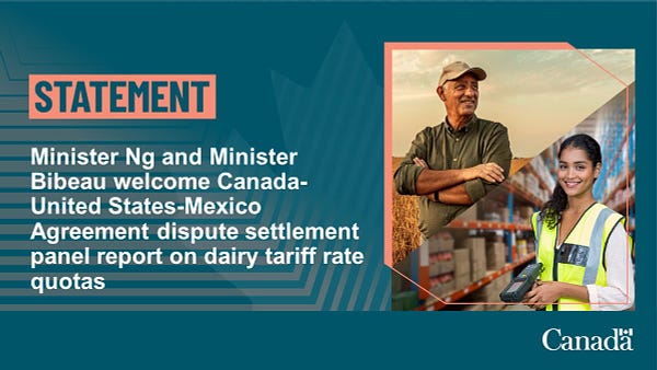 Image text says: “Minister Ng and Minister Bibeau welcome Canada-United States-Mexico Agreement dispute settlement panel report on dairy tariff rate quotas” 