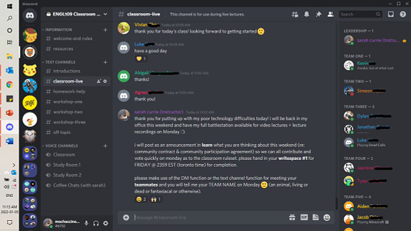 discord screencap 1: a server featuring text channels and voice channels, left-hand panel. live voice and video call features in voice, while on the right hand panel the class is denoted in colour-coded names and statuses. the center console contains the live text chat that can be maintained in real time during and after classroom lectures.