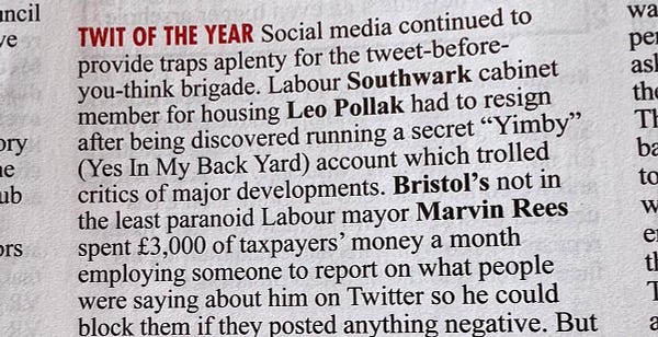 Extract from Private Eye citing Marvin Rees as runner up twit of the year.