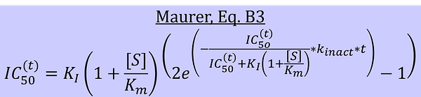 a long and really scary-looking equation relating IC50(t) to S, Km, KI, k_inact, and t