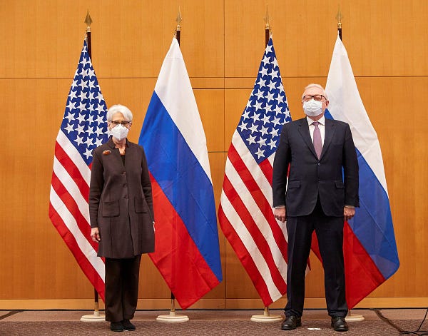 U.S. Deputy Secretary of State Wendy Sherman and her Russian counterpart, Sergei A. Ryabkov, at the United States Mission in Geneva on Monday.Credit...Denis Balibouse/Reuters
