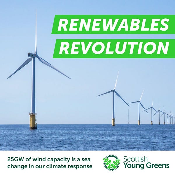 Graphic, with photo of offshore wind turbines. Text overlaid says 'renewables revolution'. White banner at the bottom has SYG logo and green text says '25GW of wind capacity is a sea change in our climate response'