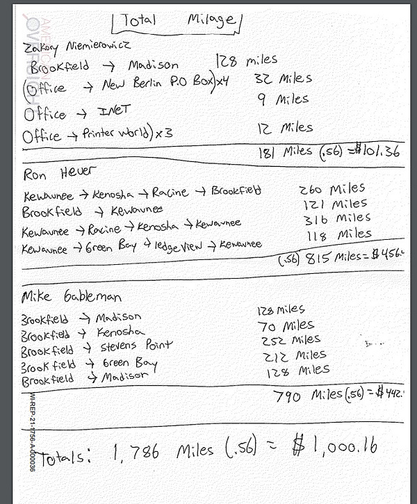 A handwritten document showing various trips by Zakory Niemierowicz, Ron Heuer, and Mike Gableman. The total mileage costs add up to $1,000.16.
