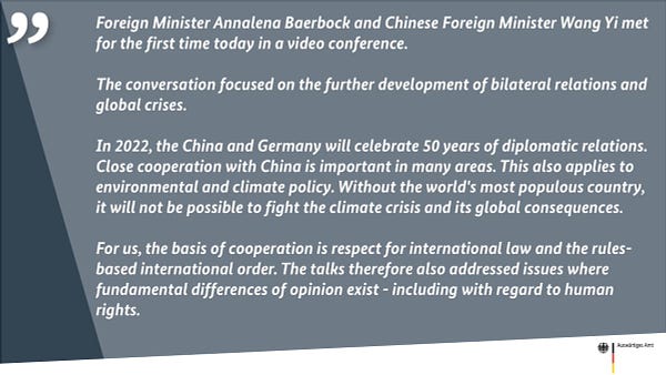 Declaration of a spokesperson on a videoconference of Foreign Minister Annalena Baerbock and Chinese Foreign Minister Wang Yi