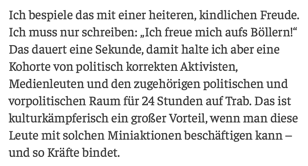 Ich bespiele das mit einer heiteren, kindlichen Freude. Ich muss nur schreiben: „Ich freue mich aufs Böllern!“ Das dauert eine Sekunde, damit halte ich aber eine Kohorte von politisch korrekten Aktivisten, Medienleuten und den zugehörigen politischen und vorpolitischen Raum für 24 Stunden auf Trab. Das ist kulturkämpferisch ein großer Vorteil, wenn man diese Leute mit solchen Miniaktionen beschäftigen kann – und so Kräfte bindet.
