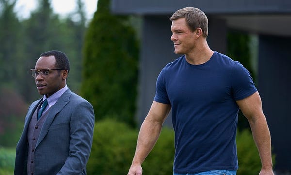 Scene from the new Reacher series, with star Alan Ritchman being visibly huge.