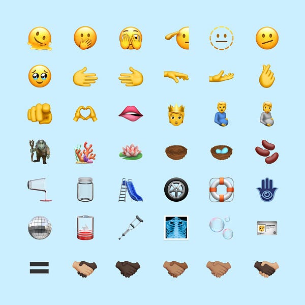 Summary image of new emojis in iOS 15.4 including a melting face, mixed skin tone handshake, and disco ball. Full list in article.