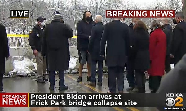 John Fetterman shakes President Biden's hand at the site of the Frick Park bridge collapse. 