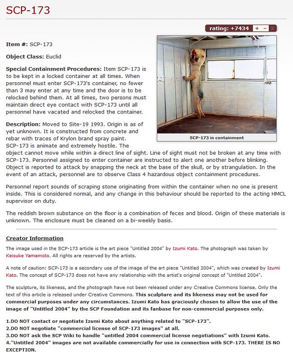 An image of the SCP-173 page, with the image, and a massive copyright notice at the bottom.