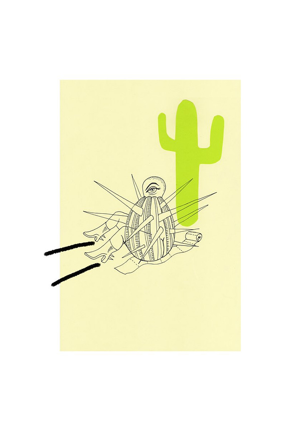 A portrait drawing in a yellow rectangle of a spiked round object with an eye and legs is sitting on an unravelled toilet roll next to a green cactus shape. Two black lines point away from the legs. A white background frames the drawing.