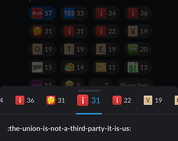 A hovered slack emoji that is named “The union is not a third party it is us”