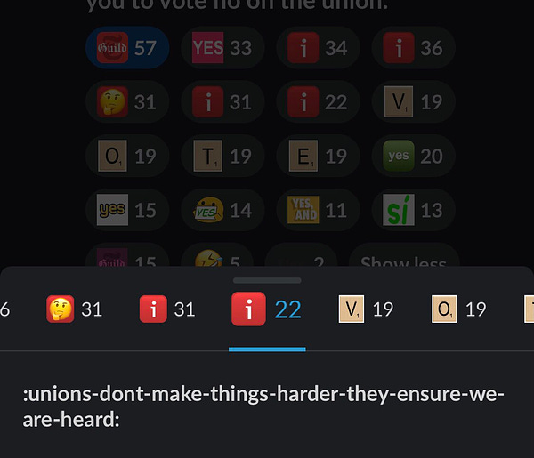 A hovered slack emoji that is named “Unions don’t make things harder they ensure we’re heard”