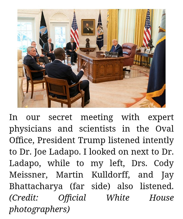 Picture of scientists meeting with President Trump in the Oval Office.

Captioned: in our secret meeting with expert physicians and scientists in the Oval Office, President Trump listened intently to Dr. Joe Ladapo. I looked on next to Dr. Ladapo, while to my left, Drs. Cody Meissner, Martin Kulldorff, and Jay Bhattacharya (far side) also listened. (Credit: Official White House photographers)