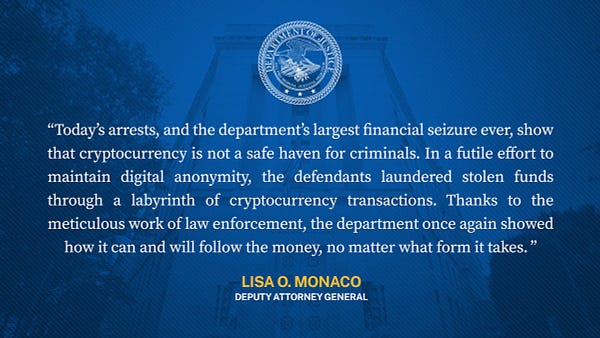 “Today’s arrests, & the dept's largest financial seizure ever, show that cryptocurrency is not a safe haven for criminals. In a futile effort to maintain digital anonymity, the defendants laundered stolen funds through a labyrinth of cryptocurrency transactions. Thanks to the meticulous work of law enforcement, the dept once again showed how it can & will follow the money, no matter what form it takes.”--DAG Monaco