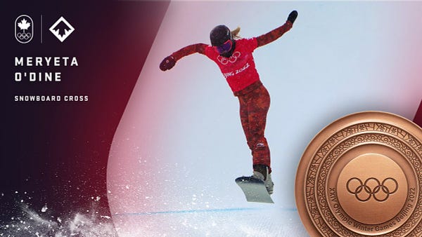 A graphic with a snowboarder and a bronze medal. The text reads Meryeta O'Dine, snowboard cross
