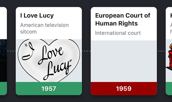 WikiTrivia screenshot with I Love Lucy (1957) correct and European Court of Human Rights (1959) incorrect