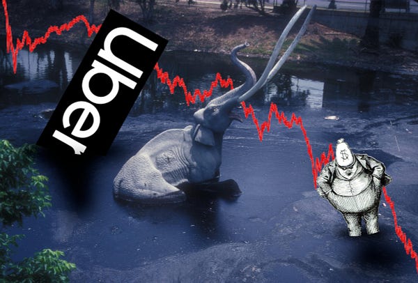 A mammoth drowning in tar, from the La Brea Tar Pits. Next to the sinking mammoth is a sinking Uber logo. In the opposite corner is a sinking business-man whose head has been replaced by a bag of money. Running diagonally across the whole image is a jagged, declining red line as from a stock-chart.

Image:
JERRYE AND ROY KLOTZ MD (modified)
https://commons.wikimedia.org/wiki/File:LA_BREA_TAR_PITS,_LOS_ANGELES.jpg

CC BY-SA 3.0:
https://creativecommons.org/licenses/by-sa/3.0/deed.en
