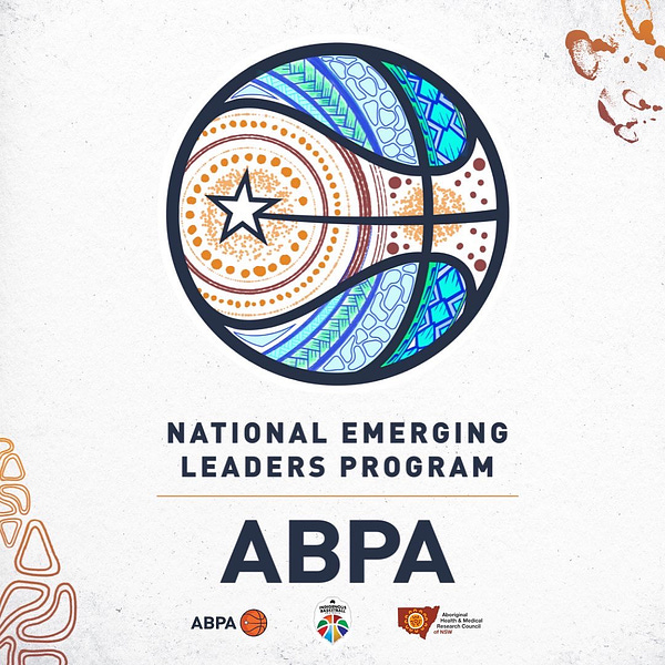 National Emerging Leaders Program logo, a basketball with Indigenous art by @Shanekooka_art ans @ben_davis1 Underneath are the letters ABPA and the logos for the ABPA, Indigenous Basketball Australia and the Aboriginal Health & Medical Research Council of NSW.