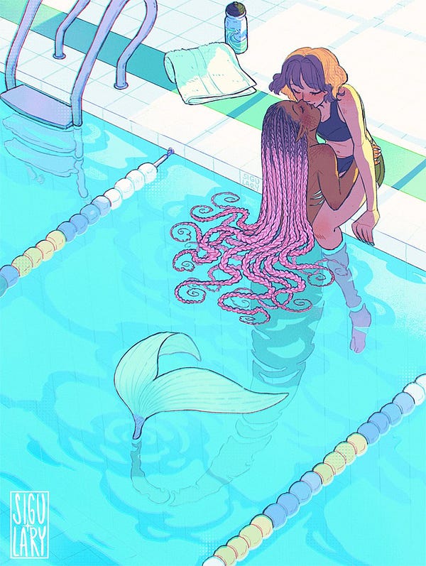 Illustration of a person and a mermaid kissing in a pool. The mermaid has dark skin, black to pink colored braids and a teal tail. The girl that kisses her has light skin, short wavy hair and wears a black bikini. The girl sits on the edge of the pool while the mermaid rest between her legs, hugging her waist. Next to them there is a water bottle, a towel and a ladder.