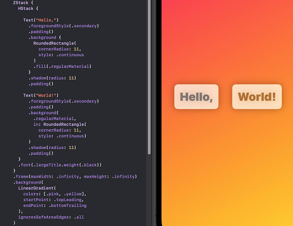 Screen capture of a SwiftUI preview showing that new iOS 15 API's for background should be used to make the overlaid content vibrant.