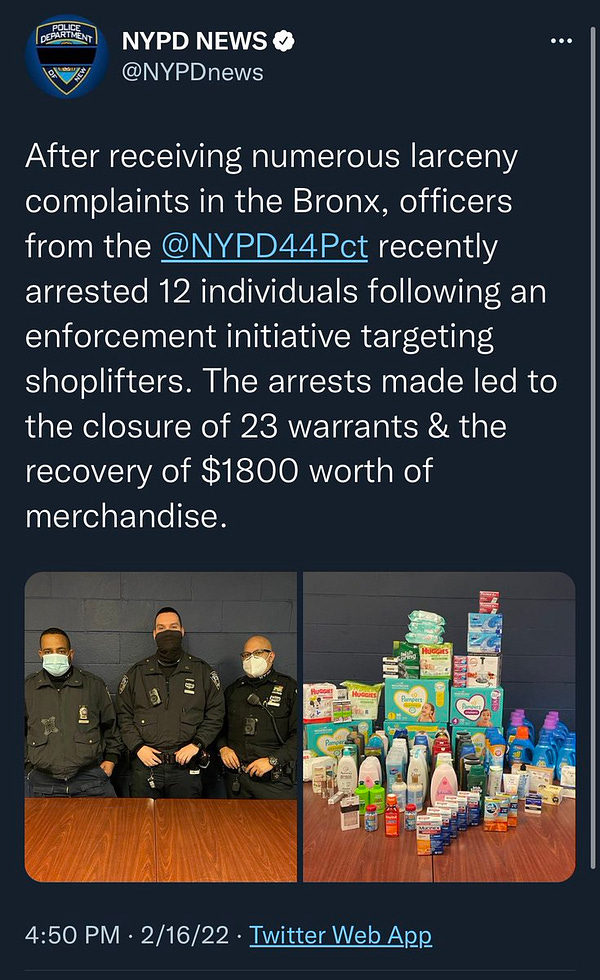 Tweet from NYPD News that shares they arrested 12 people and recovered items. The picture of recovered items includes diapers, detergent, wipes, and other similar goods.