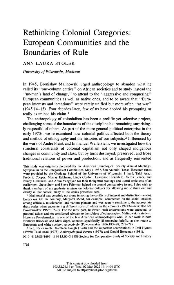 Ann Laura Stoler's "Rethinking Colonial Categories: European Communities and the Boundaries of Rule."